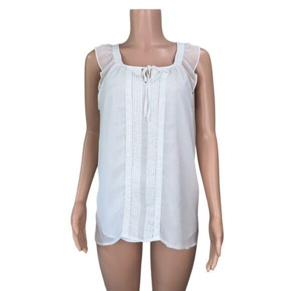 ELLE Women SZ L White Sleeveless Blouse Pleated Front-Tie Neck- Lined-Casual - Picture 14 of 14